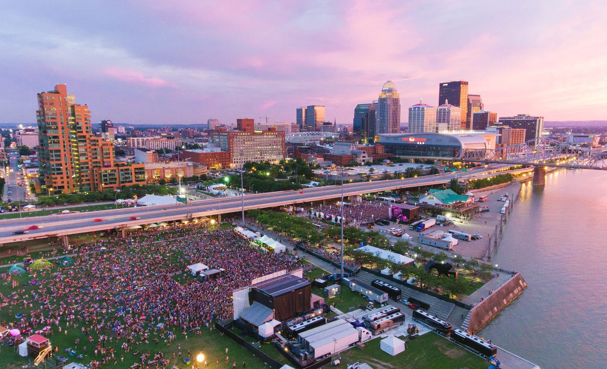 Aerial dusk view of Forecastle Festival with the Louisville skyline