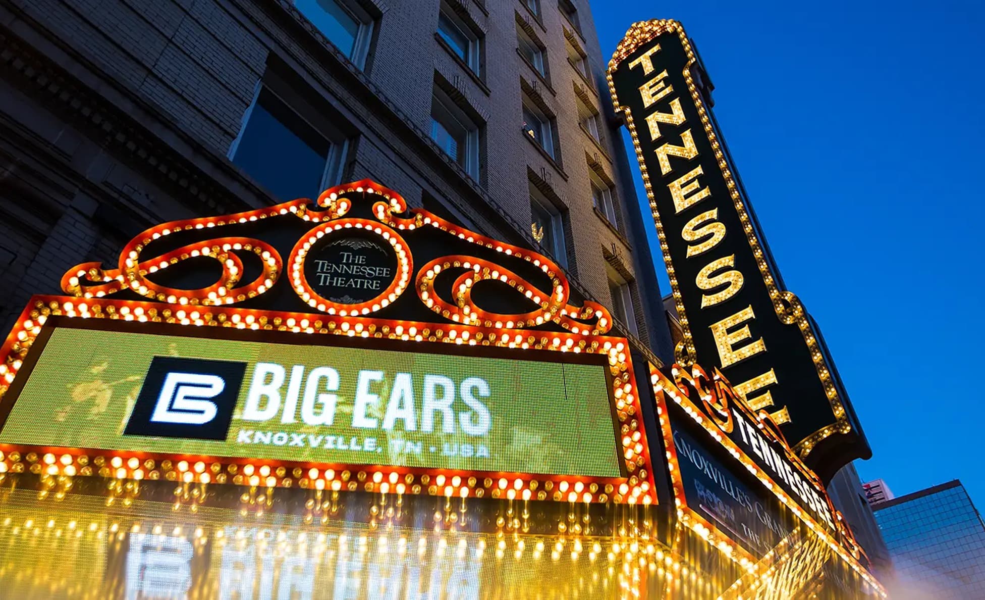 The Tennessee Theatre marquee lit at dusk during Big Ears Festival in Knoxville